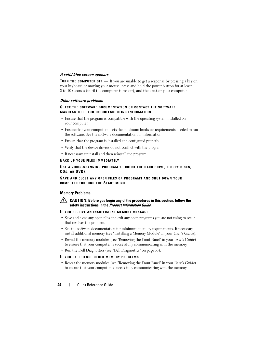 Dell DCDO manual Memory Problems, Solid blue screen appears, Other software problems 
