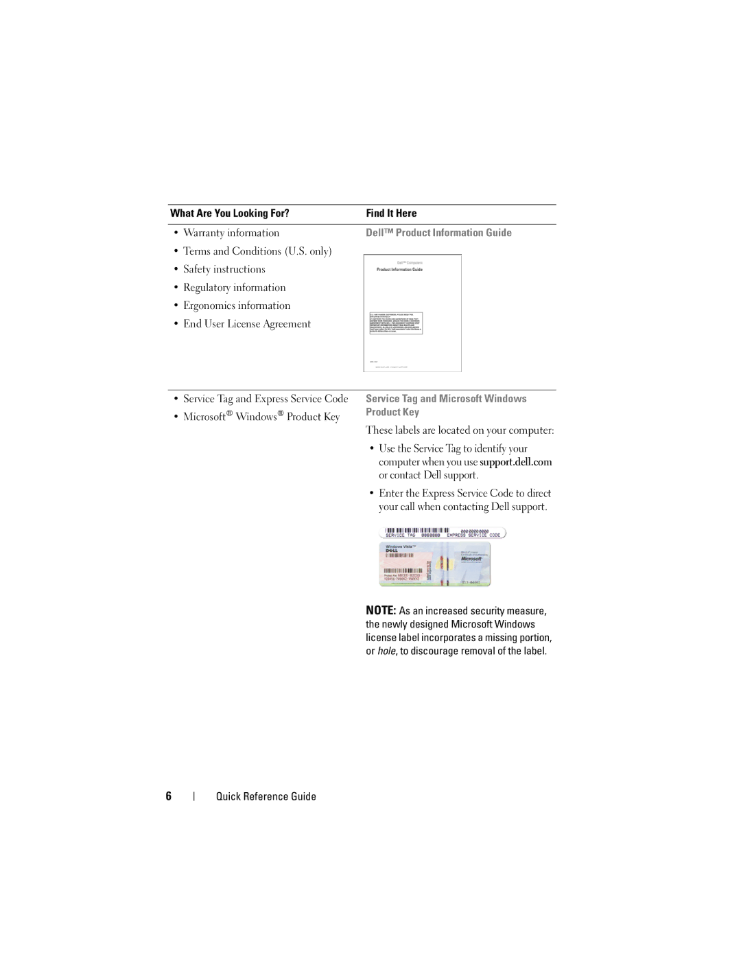 Dell DCDO manual Warranty information, Dell Product Information Guide, Service Tag and Microsoft Windows Product Key 