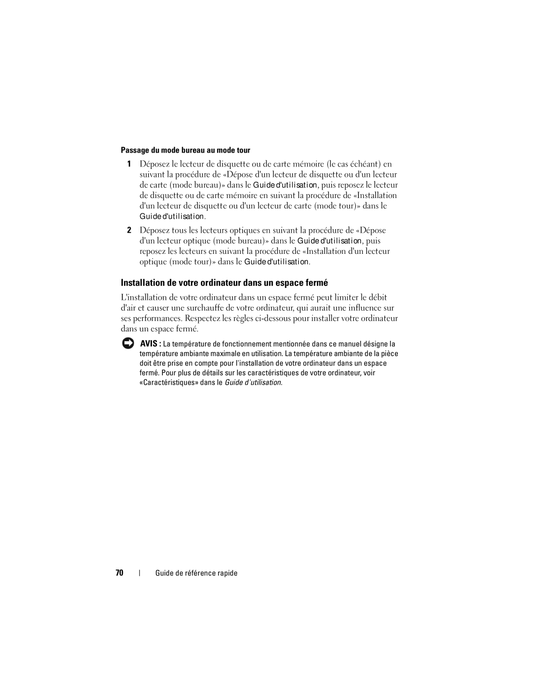 Dell DCDO manual Installation de votre ordinateur dans un espace fermé, Passage du mode bureau au mode tour 
