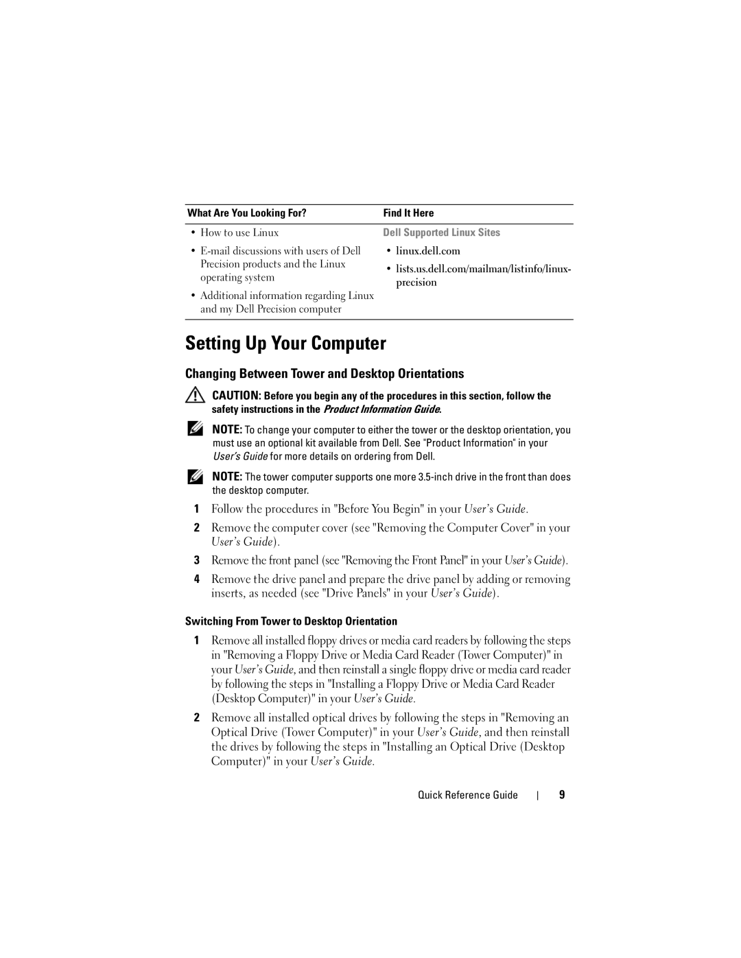 Dell DCDO manual Setting Up Your Computer, Changing Between Tower and Desktop Orientations, Dell Supported Linux Sites 