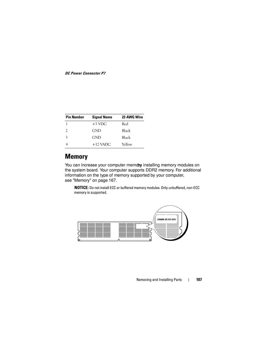 Dell DCMA owner manual Memory, 107, DC Power Connector P7 Pin Number Signal Name 