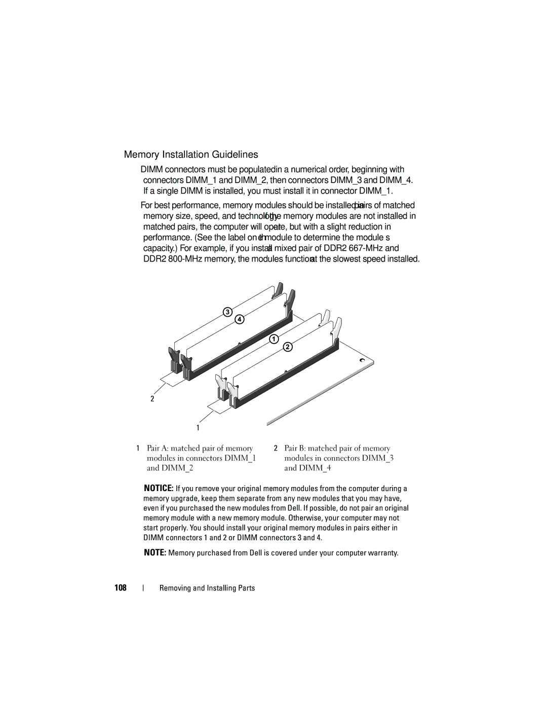 Dell DCMA owner manual Memory Installation Guidelines, 108 