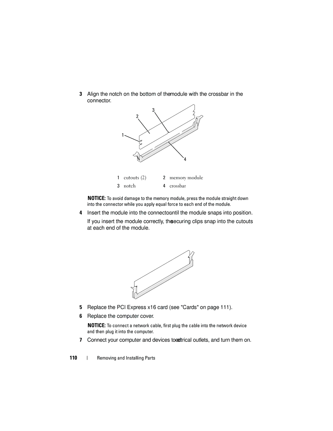 Dell DCMA owner manual Cutouts Memory module Notch Crossbar 