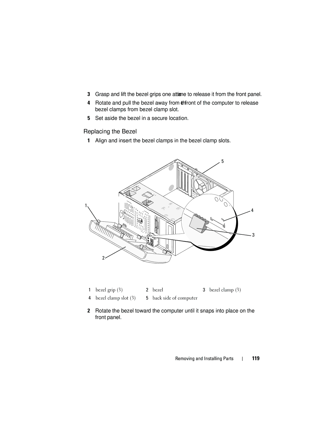 Dell DCMA owner manual Replacing the Bezel, Align and insert the bezel clamps in the bezel clamp slots, 119 