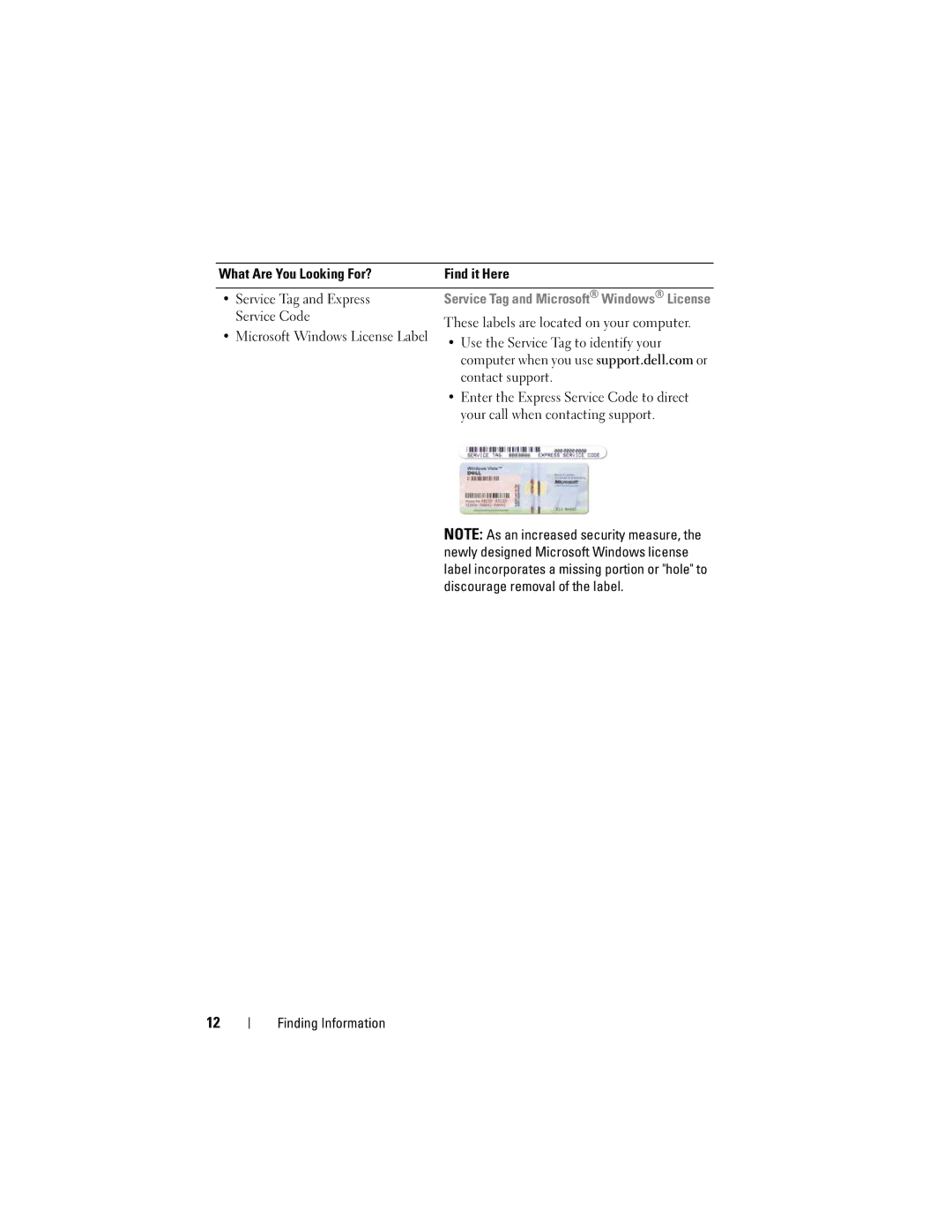 Dell DCMA owner manual Service Code, Microsoft Windows License Label, Use the Service Tag to identify your, Contact support 