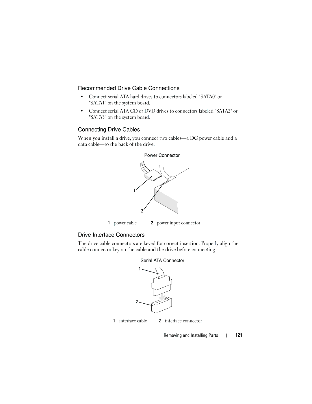 Dell DCMA owner manual Recommended Drive Cable Connections, Connecting Drive Cables, Drive Interface Connectors, 121 