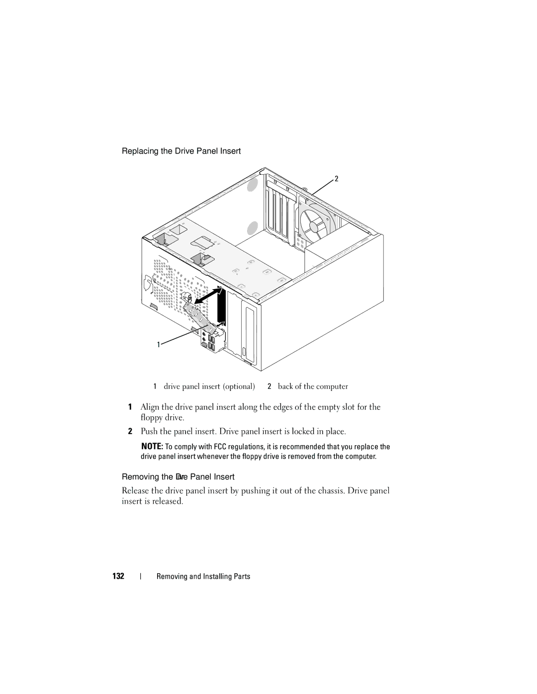 Dell DCMA owner manual Replacing the Drive Panel Insert, 132 