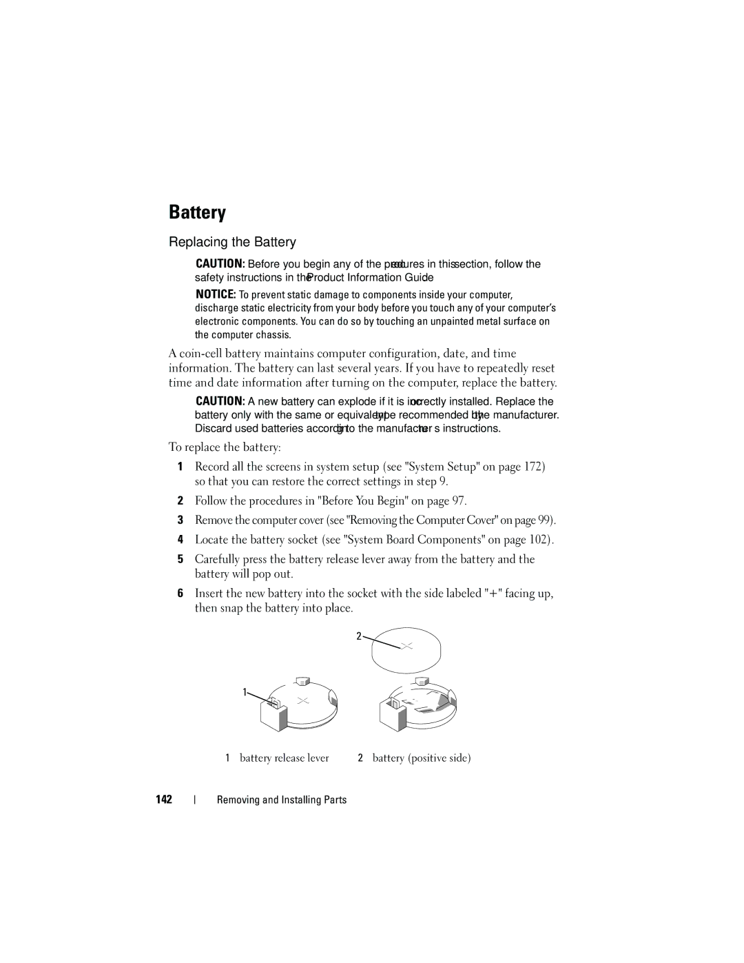 Dell DCMA owner manual Replacing the Battery, 142 