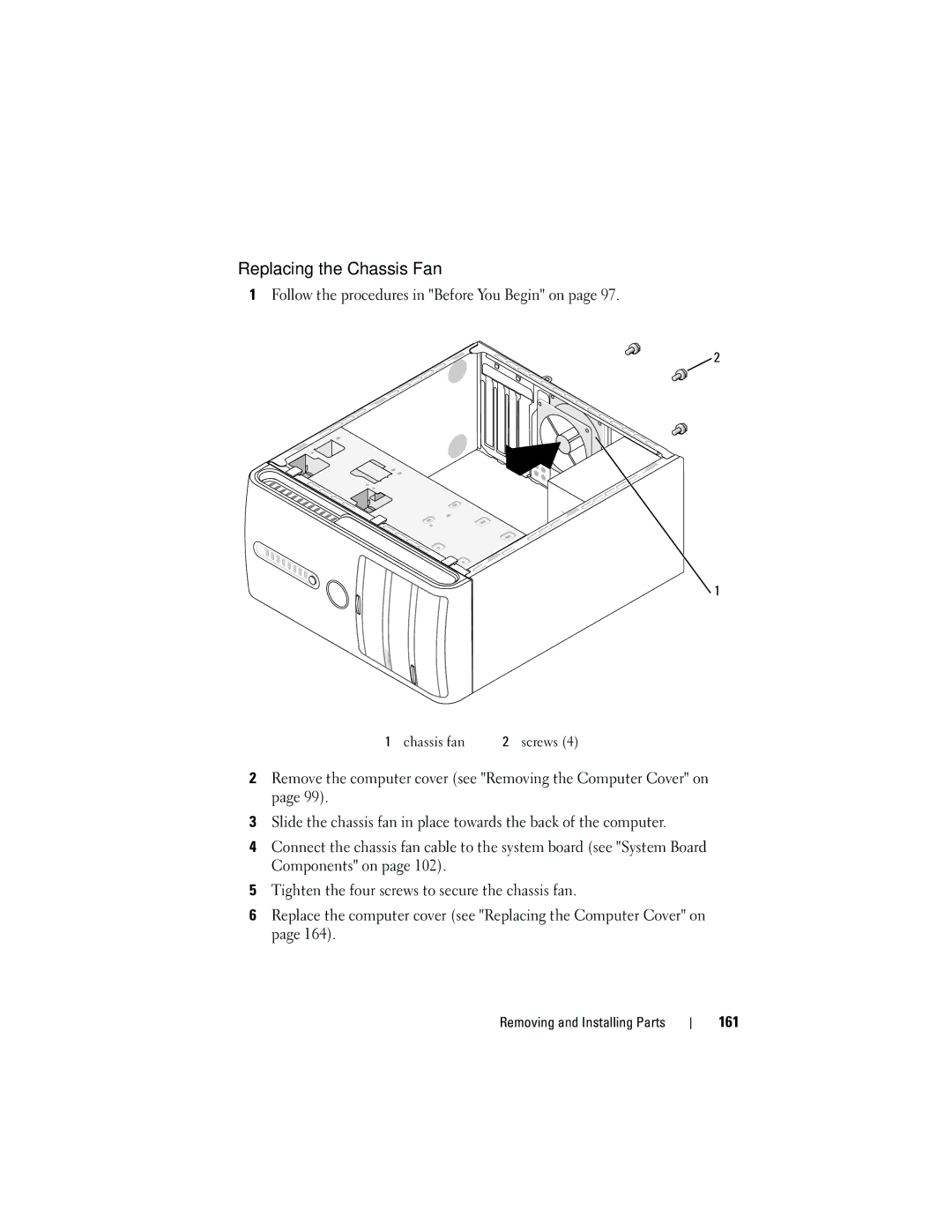 Dell DCMA owner manual Replacing the Chassis Fan, 161 