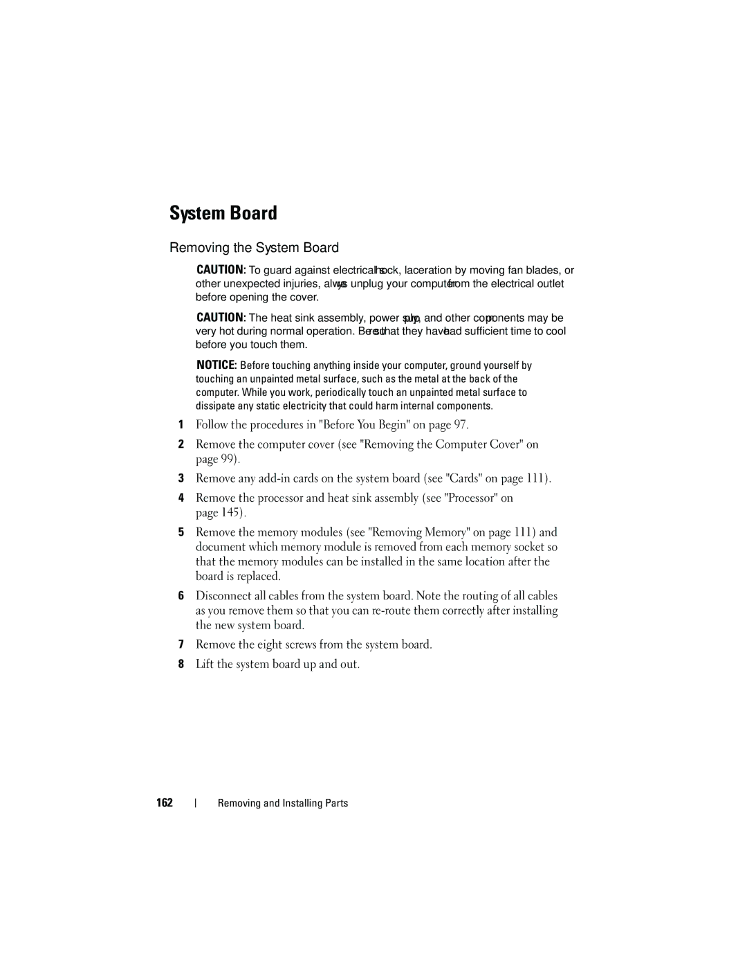 Dell DCMA owner manual Removing the System Board 