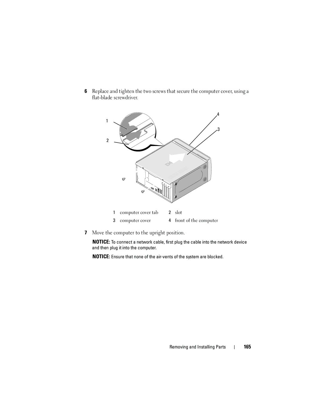 Dell DCMA owner manual Move the computer to the upright position, 165 