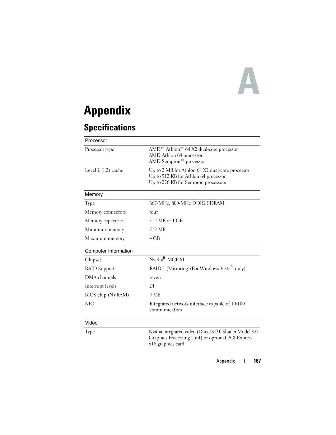 Dell DCMA owner manual Specifications, 167 