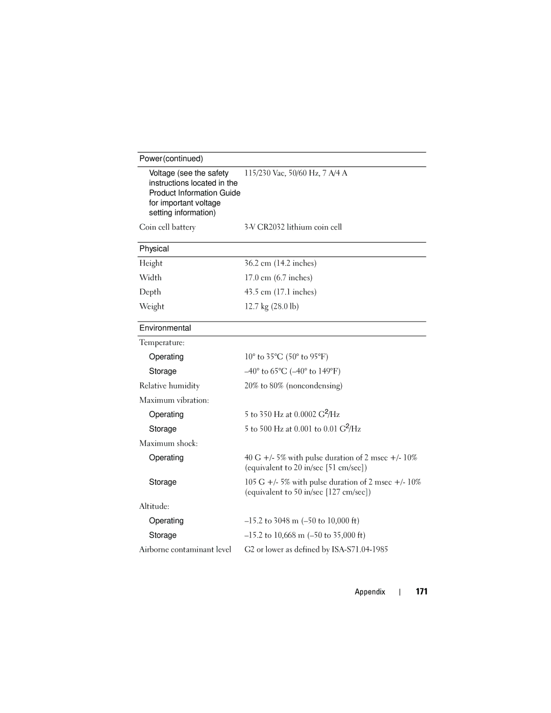 Dell DCMA owner manual 171, Physical, Environmental 