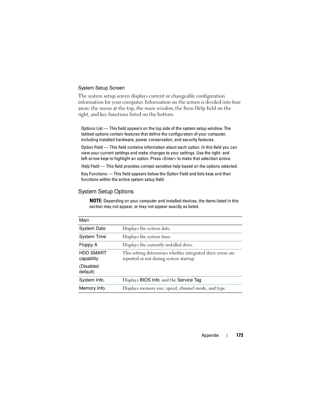 Dell DCMA owner manual System Setup Options, System Setup Screen, 173, Displays Bios Info and the Service Tag 