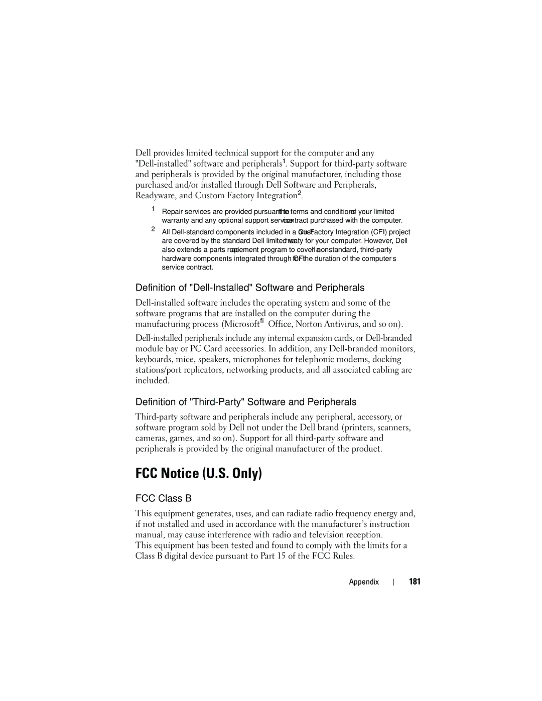 Dell DCMA owner manual FCC Notice U.S. Only, Definition of Dell-Installed Software and Peripherals, FCC Class B, 181 