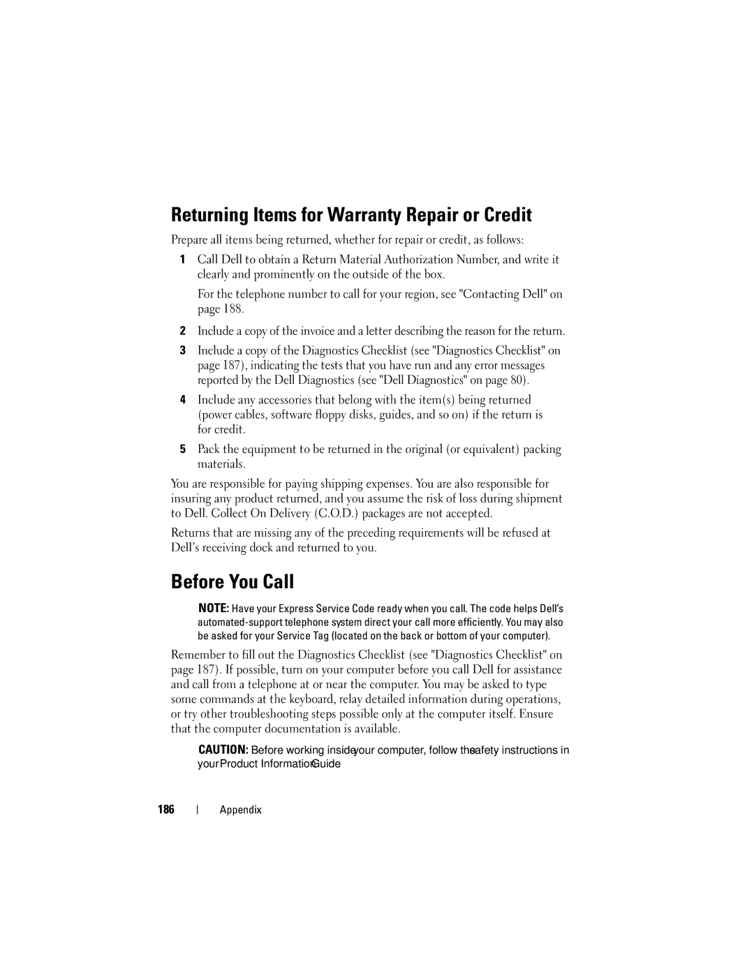 Dell DCMA owner manual Returning Items for Warranty Repair or Credit, Before You Call, 186 