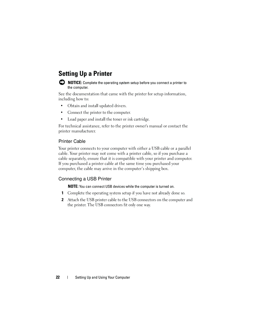 Dell DCMA owner manual Setting Up a Printer, Printer Cable, Connecting a USB Printer 