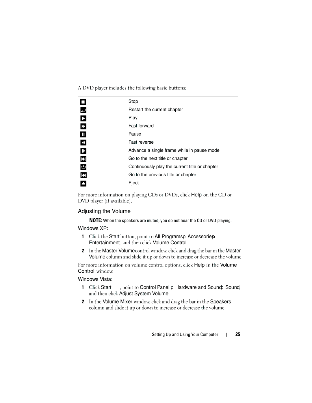 Dell DCMA owner manual Adjusting the Volume, DVD player includes the following basic buttons 