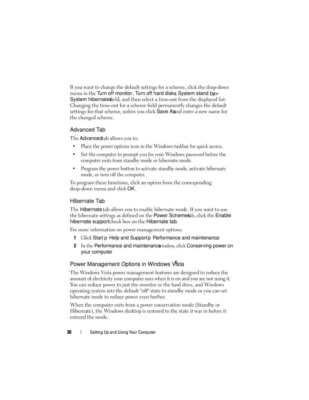 Dell DCMA owner manual Advanced Tab, Hibernate Tab, Power Management Options in Windows Vista 