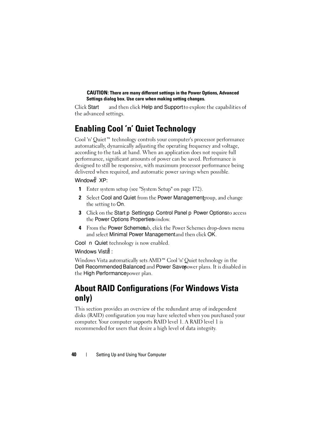 Dell DCMA owner manual Enabling Cool ’n’ Quiet Technology, About RAID Configurations For Windows Vista only 