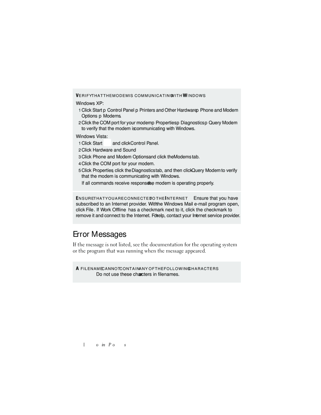 Dell DCMA owner manual Error Messages, Click Start, Options Modems, To verify that the modem is communicating with Windows 