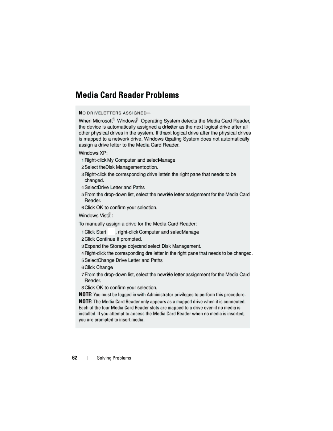 Dell DCMA owner manual Media Card Reader Problems 