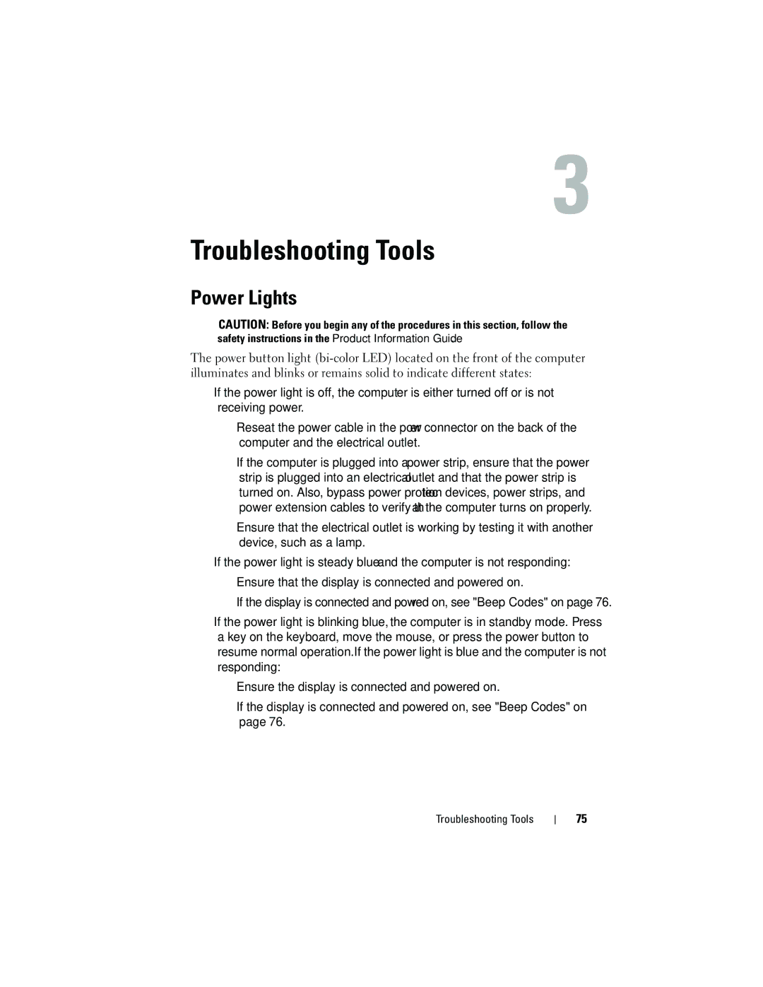 Dell DCMA owner manual Power Lights, Troubleshooting Tools 