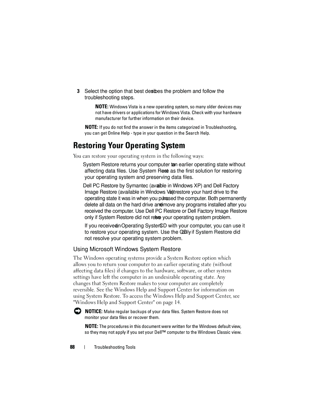 Dell DCMA owner manual Restoring Your Operating System, Using Microsoft Windows System Restore 