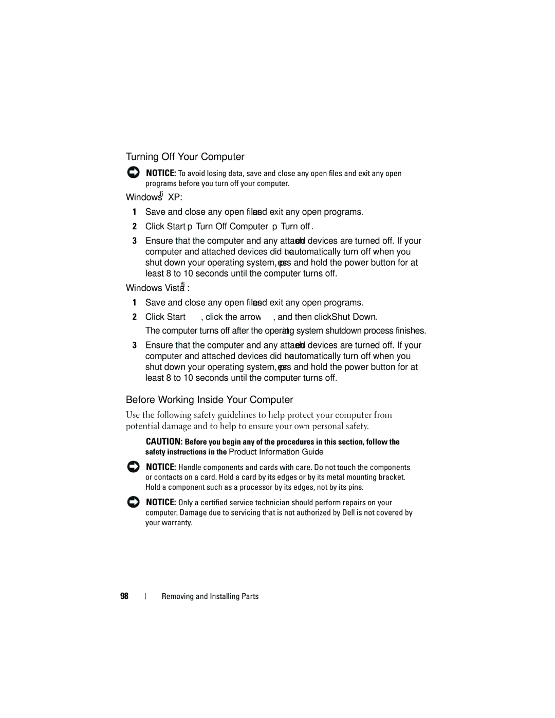 Dell DCMA owner manual Turning Off Your Computer, Before Working Inside Your Computer 