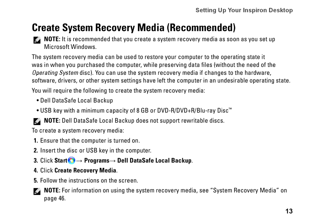 Dell 580, DCMF, 0WKG9DA00 setup guide Create System Recovery Media Recommended 