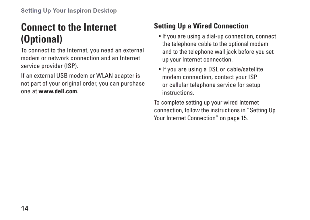 Dell DCMF, 0WKG9DA00, 580 setup guide Connect to the Internet Optional, Setting Up a Wired Connection 