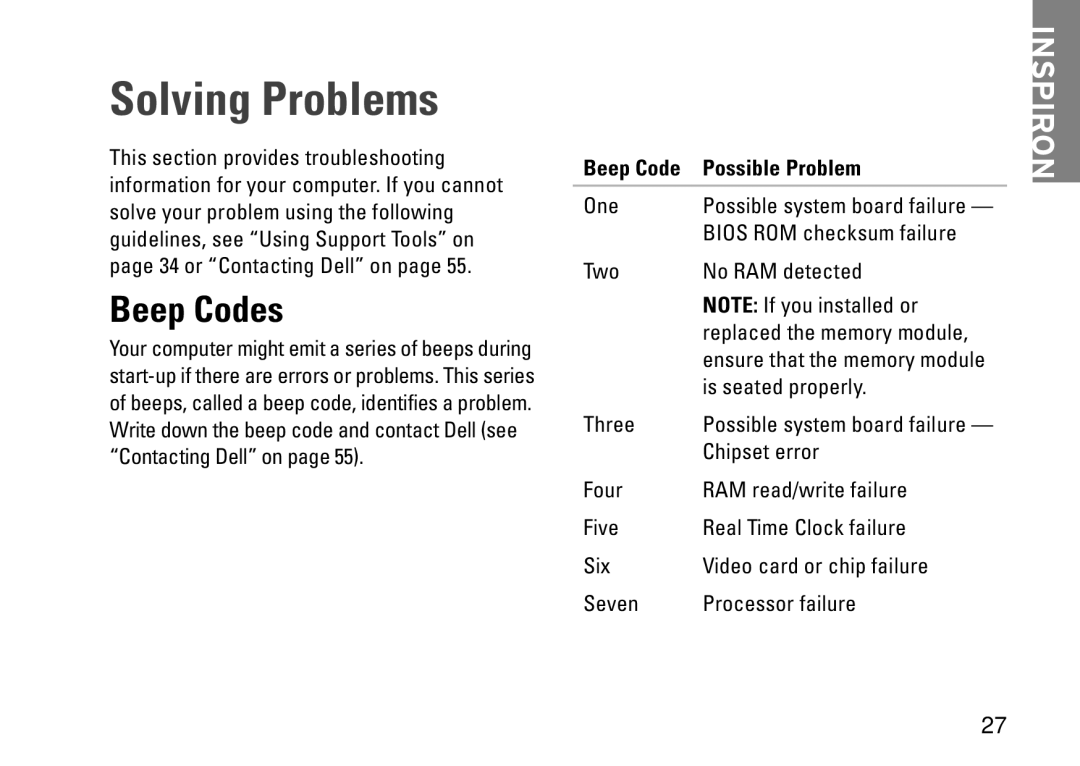 Dell 0WKG9DA00, DCMF, 580 setup guide Solving Problems, Beep Codes, Beep Code Possible Problem 