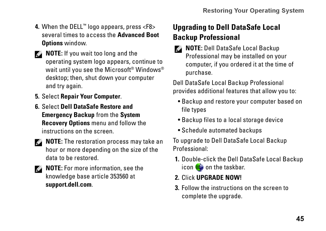 Dell 580, DCMF, WKG9D Upgrading to Dell DataSafe Local Backup Professional, Select Repair Your Computer, Click Upgrade Now 