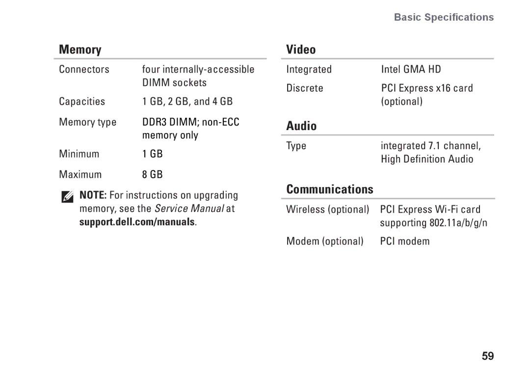 Dell 0WKG9DA00, DCMF, 580 setup guide Memory, Video, Audio 