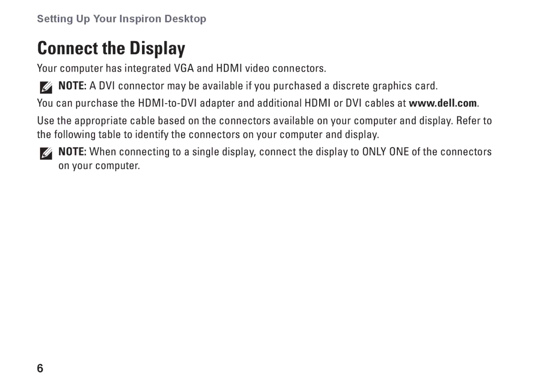 Dell DCMF, 0WKG9DA00, 580 setup guide Connect the Display 