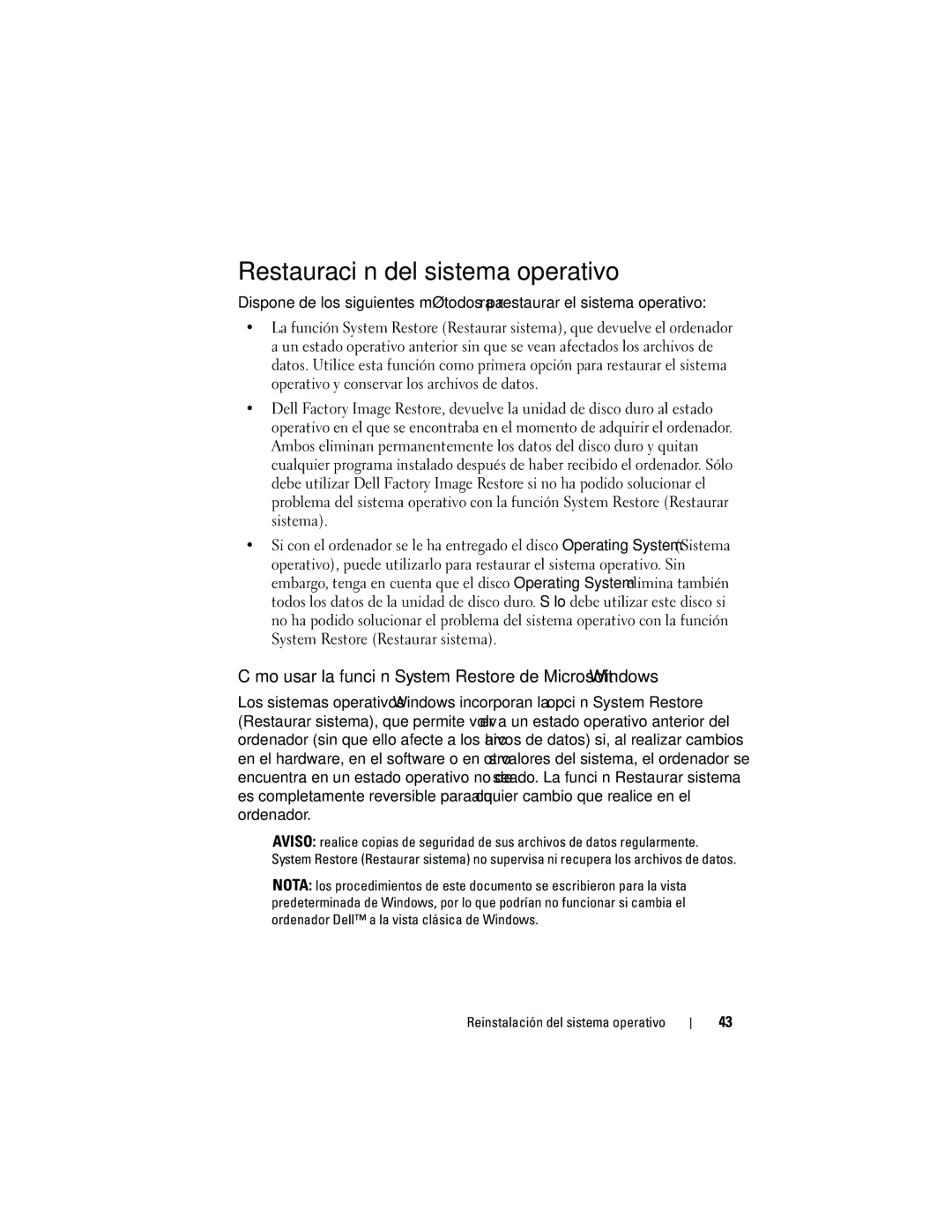 Dell DCMF manual Restauración del sistema operativo, Cómo usar la función System Restore de Microsoft Windows 