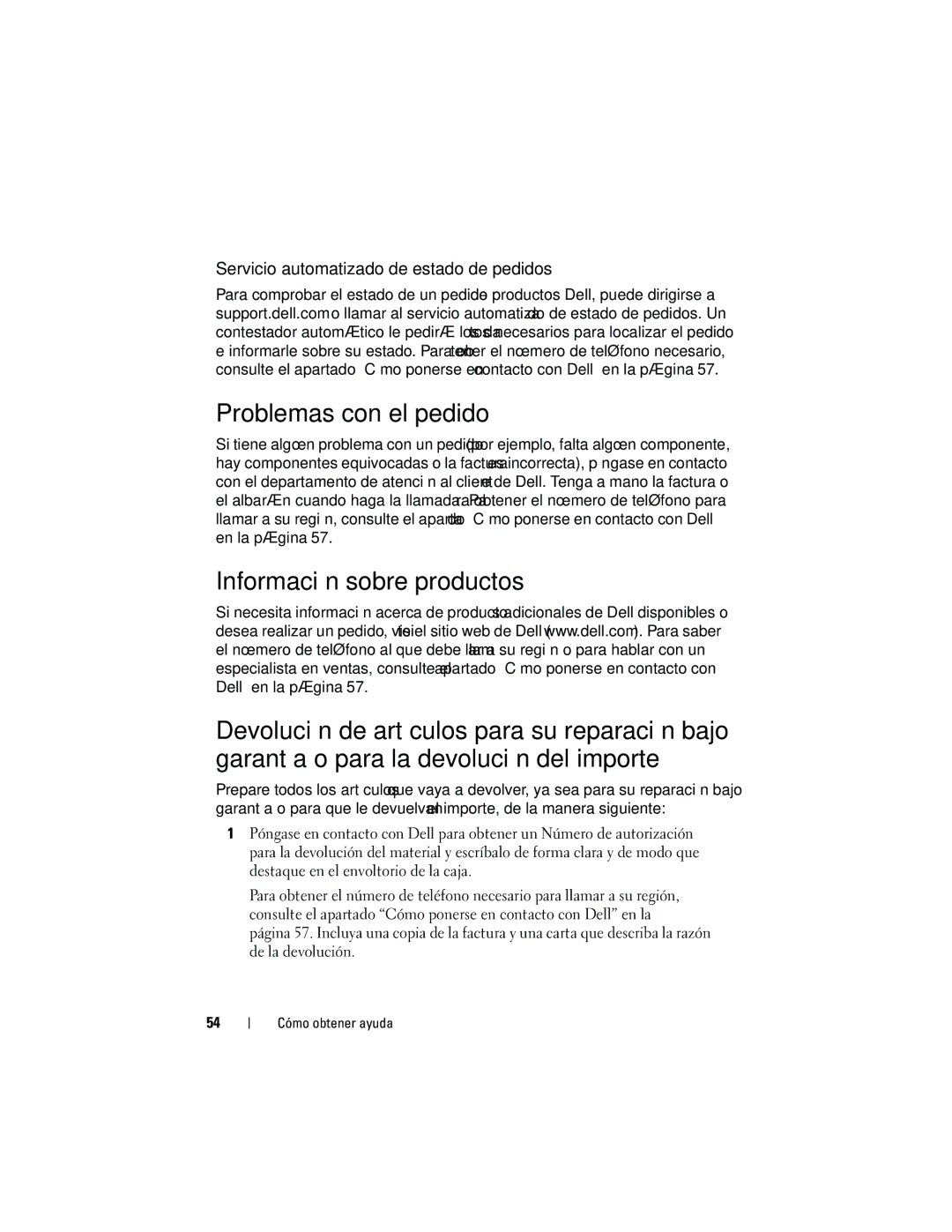 Dell DCMF manual Problemas con el pedido, Información sobre productos, Servicio automatizado de estado de pedidos 