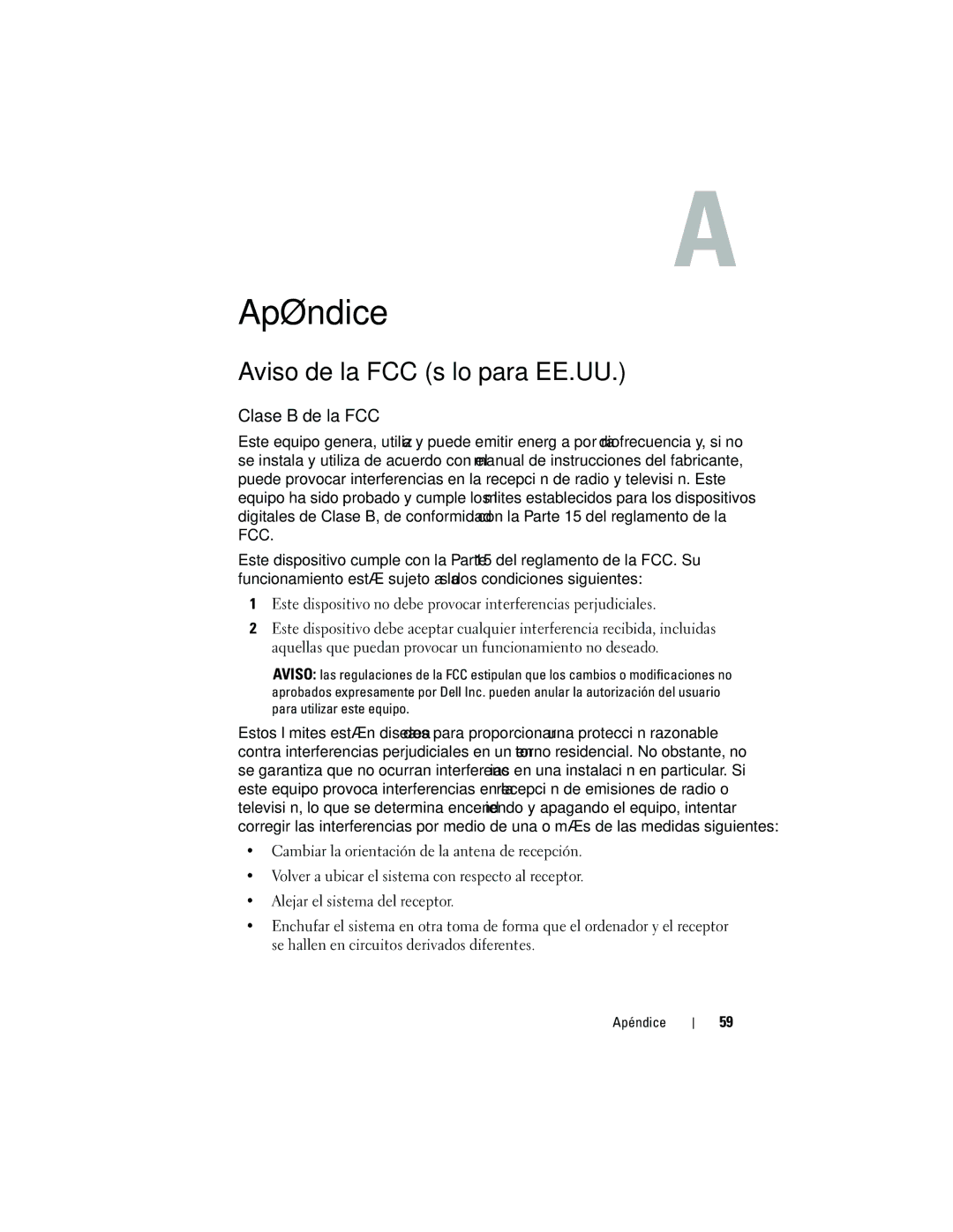 Dell DCMF manual Apéndice, Aviso de la FCC sólo para EE.UU, Clase B de la FCC 