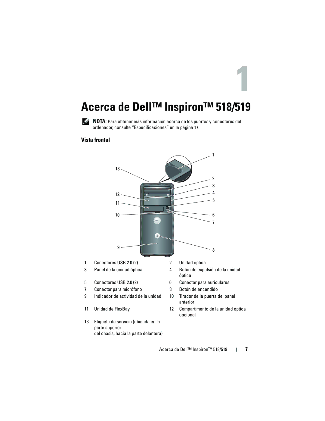 Dell DCMF manual Acerca de Dell Inspiron 518/519, Vista frontal 