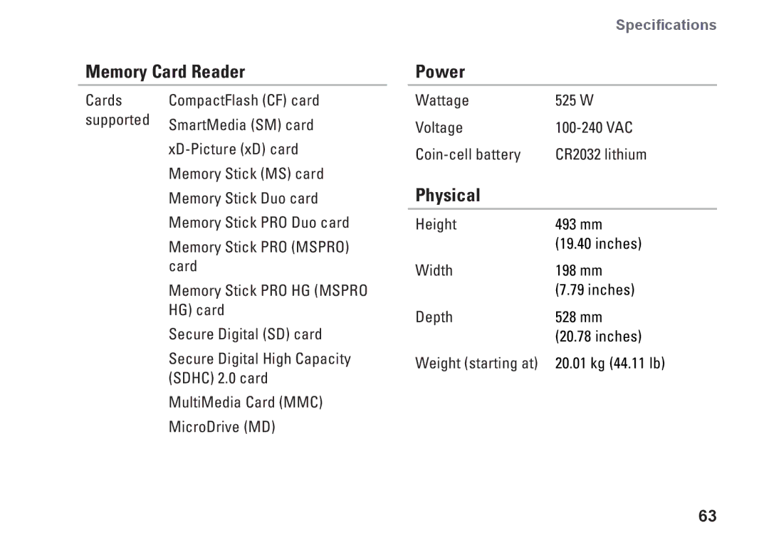 Dell DCRM, 0NWK08A01 setup guide Memory Card Reader, Power, Physical 