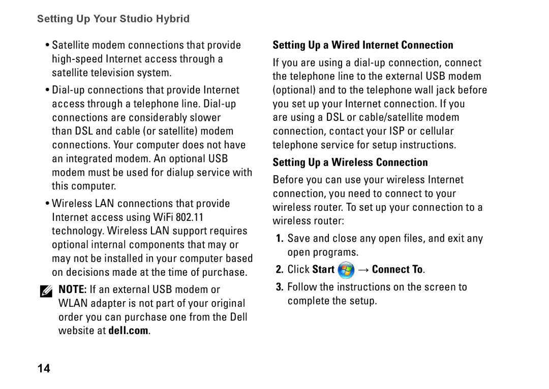 Dell DCSEA setup guide Setting Up a Wired Internet Connection, Setting Up a Wireless Connection, Click Start → Connect To 