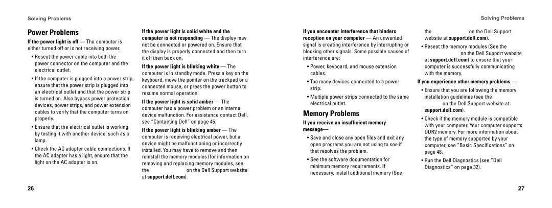 Dell DCSEA setup guide Power Problems, Memory Problems, If you receive an insufficient memory message 