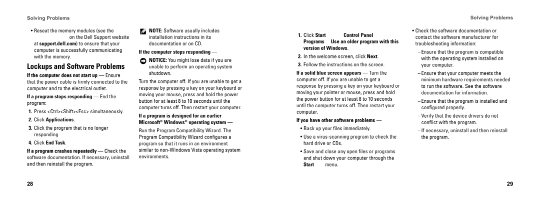 Dell DCSEA If a program stops responding End, Click Applications, Click End Task, If the computer stops responding 