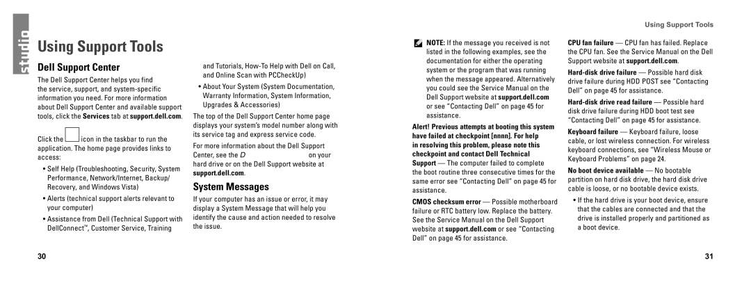 Dell DCSEA setup guide Using Support Tools, Dell Support Center, System Messages 