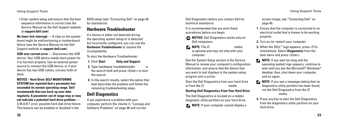 Dell DCSEA setup guide Hardware Troubleshooter, Dell Diagnostics, Click Start → Help and Support 