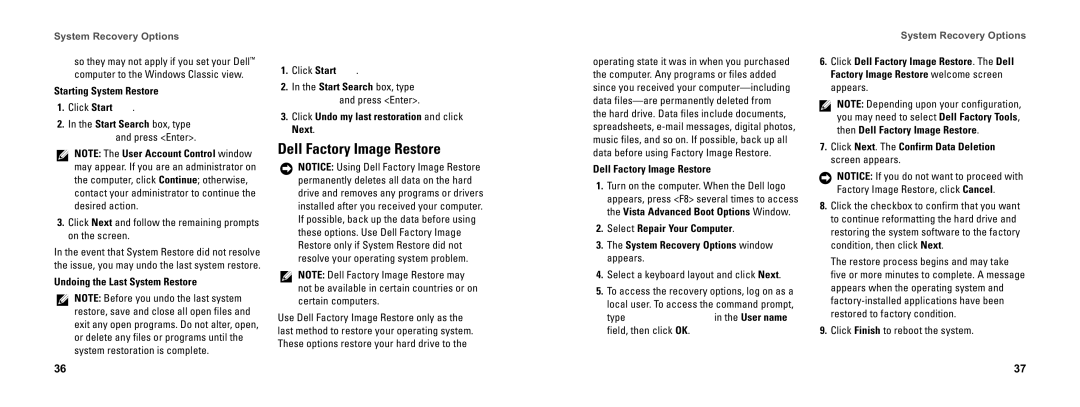 Dell DCSEA setup guide Dell Factory Image Restore, System Recovery Options 