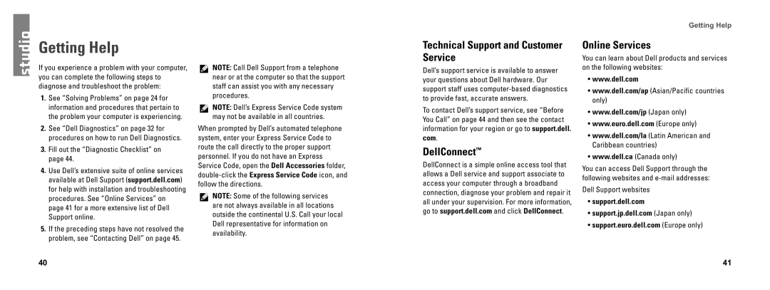 Dell DCSEA setup guide Getting Help, Technical Support and Customer Service, DellConnect, Online Services 