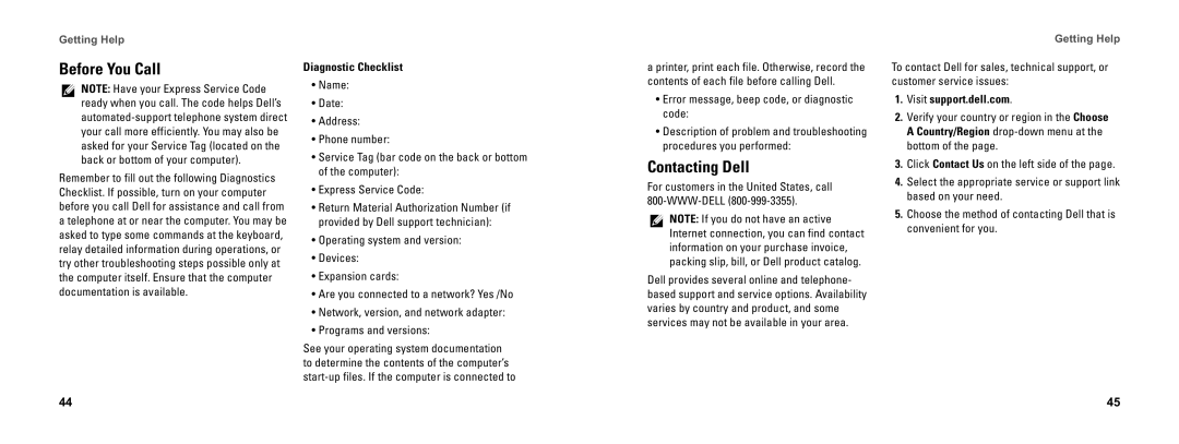 Dell DCSEA setup guide Before You Call, Contacting Dell, Diagnostic Checklist, Visit support.dell.com 