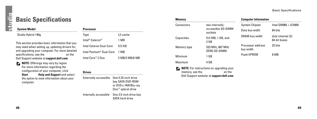 Dell DCSEA setup guide Basic Specifications, System Model, Drives, Memory 