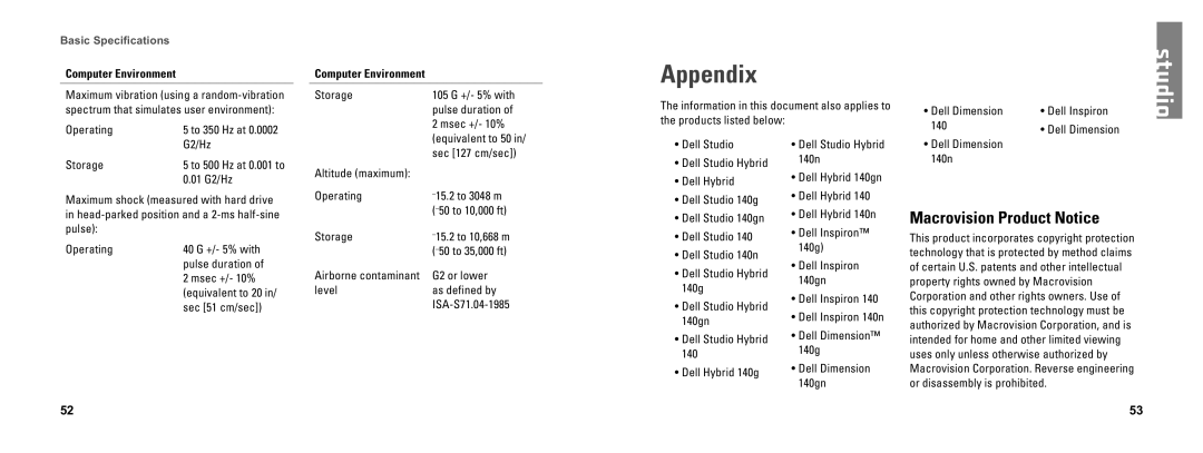 Dell DCSEA setup guide Appendix, Macrovision Product Notice, Computer Environment 